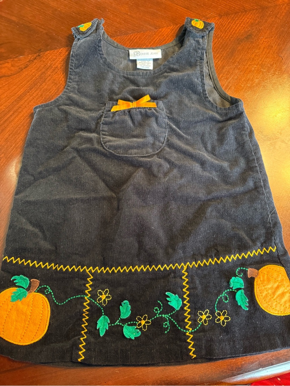Vintage Bonnie Jean Corduroy Pumpkin Appliqué Pinafore Dress